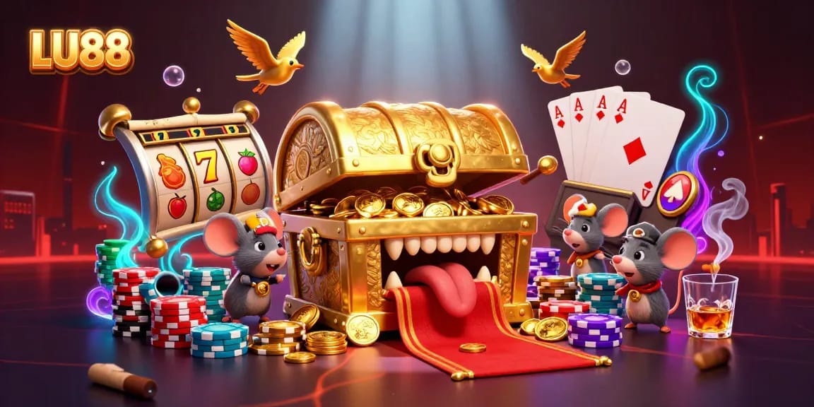 LU88 offers thrilling slot experiences with treasure chests and poker elements in a vibrant 3D scene.