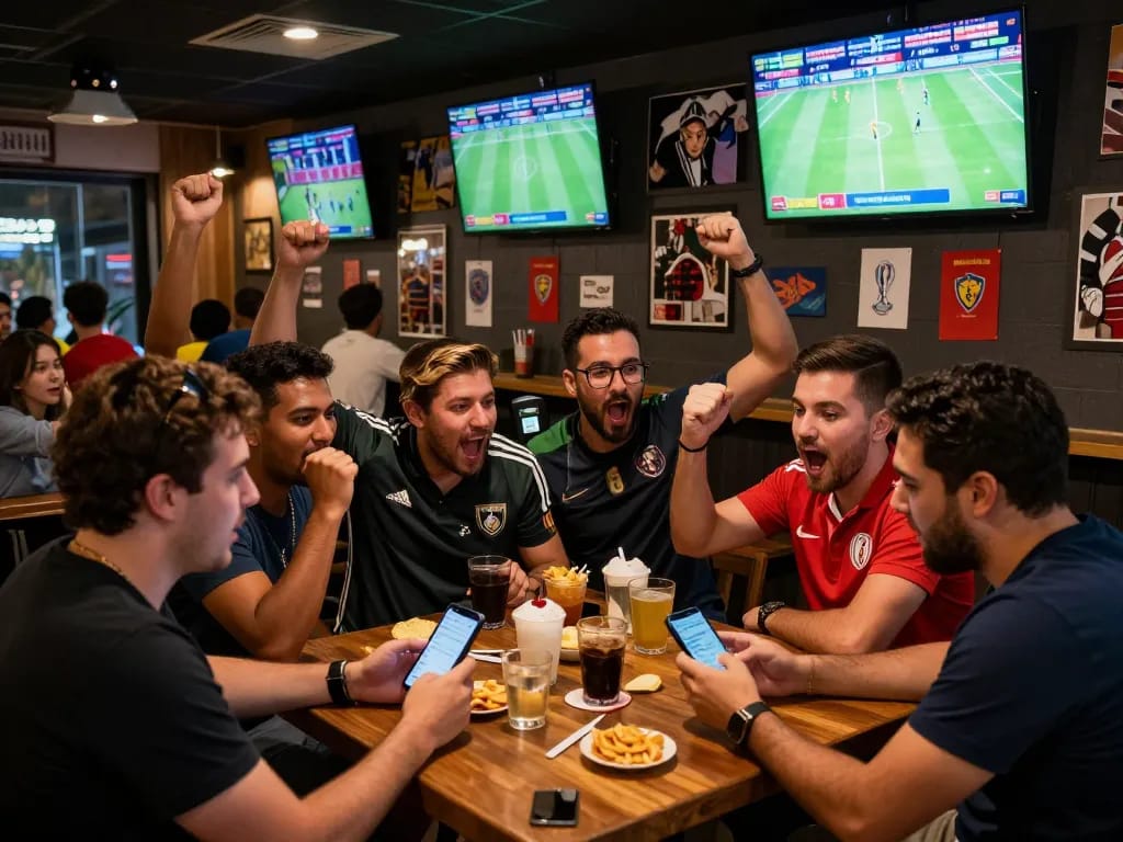 Penggemar merayakan taruhan sbobet piala dunia di bar olahraga yang hidup.