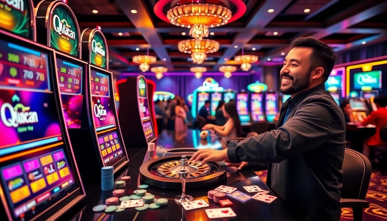Experience the thrill of gambling at QQMacan with vibrant slot machines and a joyful player.