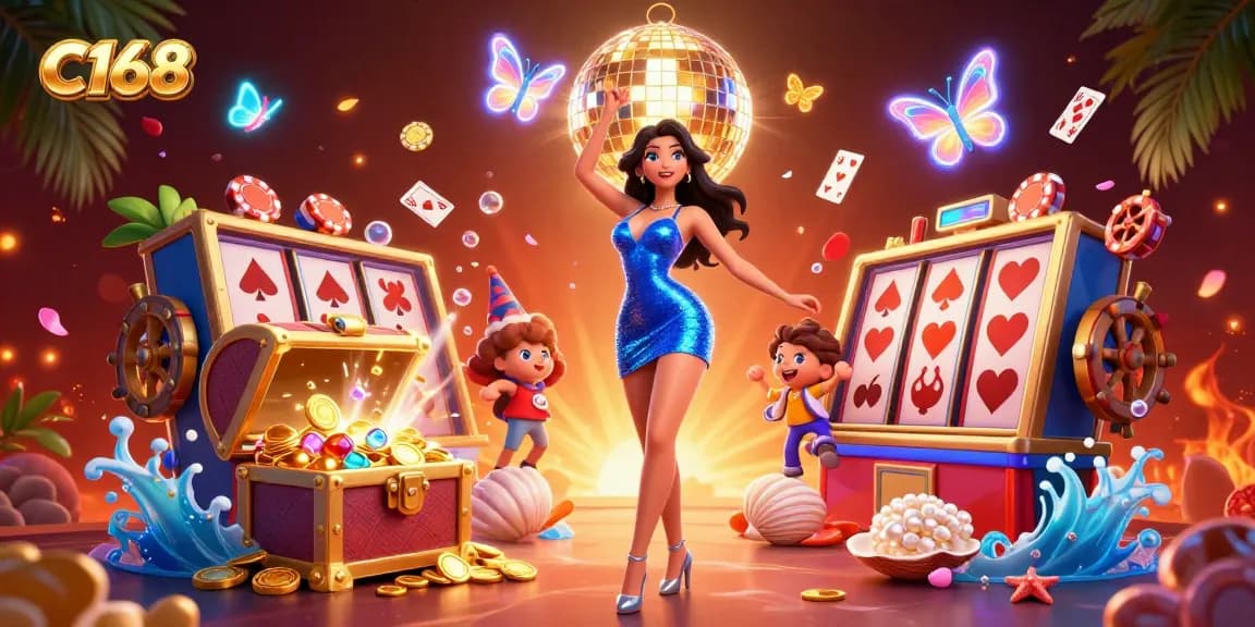 Experience thrilling gameplay at C168 with vibrant slot reels and dazzling casino elements.