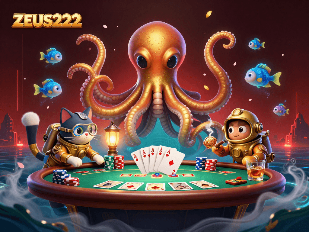 Experience ZEUS222 with a vibrant scene featuring a kraken, diving cat, and poker elements.