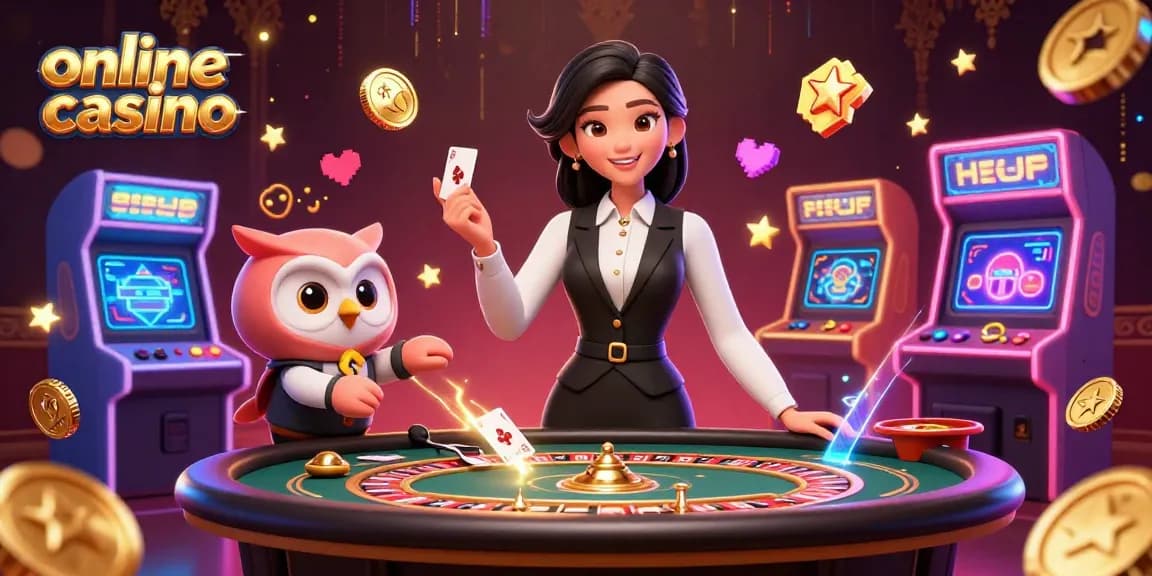 Engaging online casino scene with a dealer and vibrant gaming elements, showcasing excitement and fun.