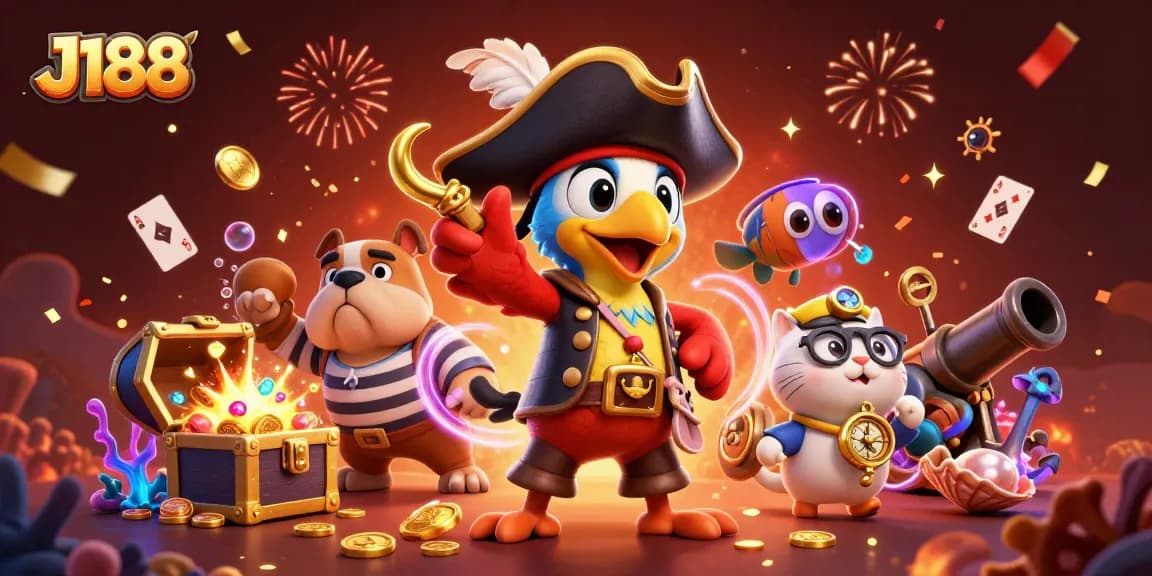 Experience immersive gaming at J188 with a pirate captain, bulldog, and cat amid treasures and playing cards.