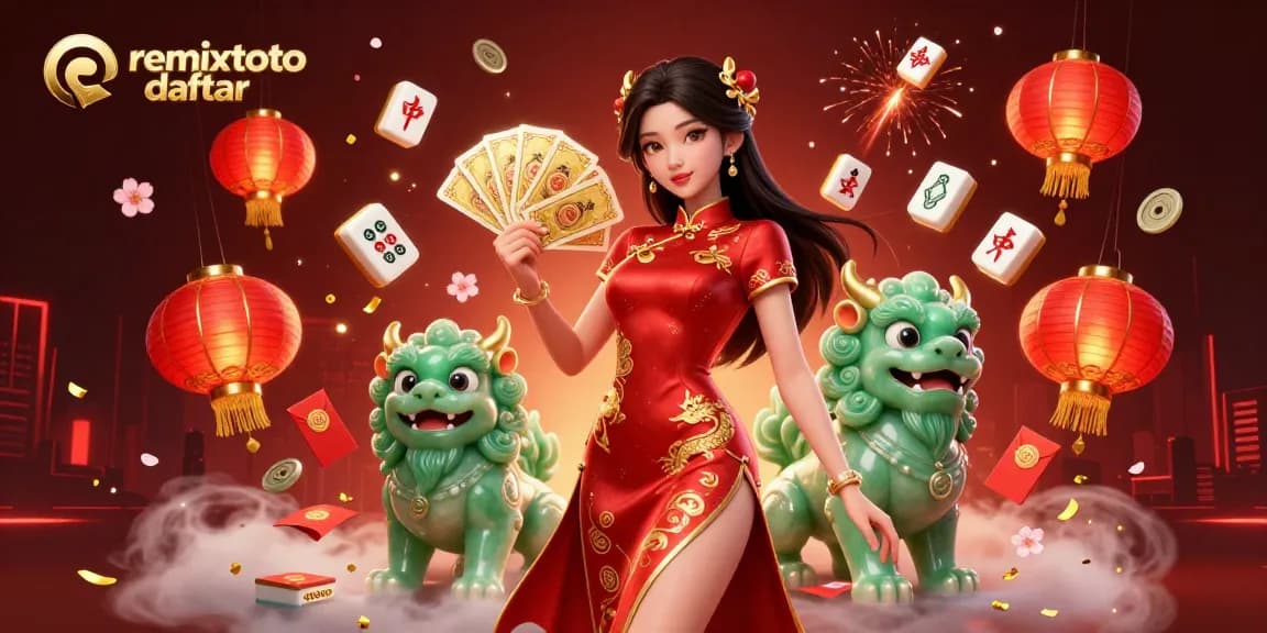 Engage with remixtoto daftar through a vibrant illustration of casino elements and a stylish woman in a qipao.