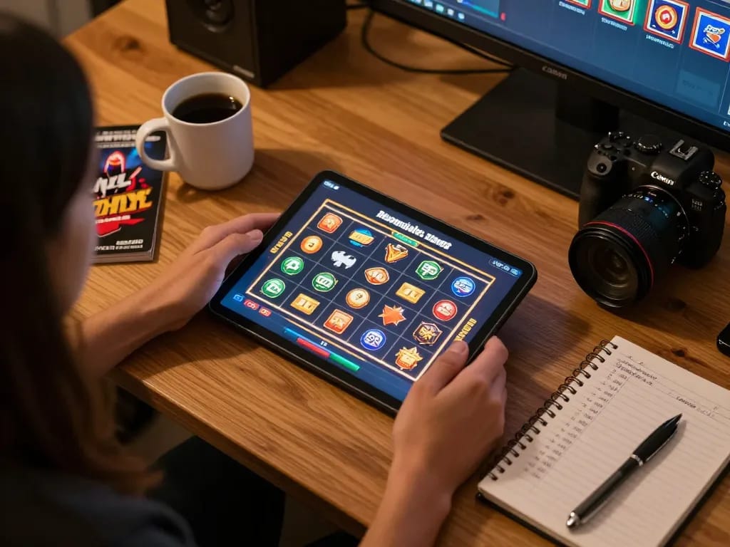 Player using SpinAdvisor for slot game recommendations at home, highlighting a strategic approach to online gambling