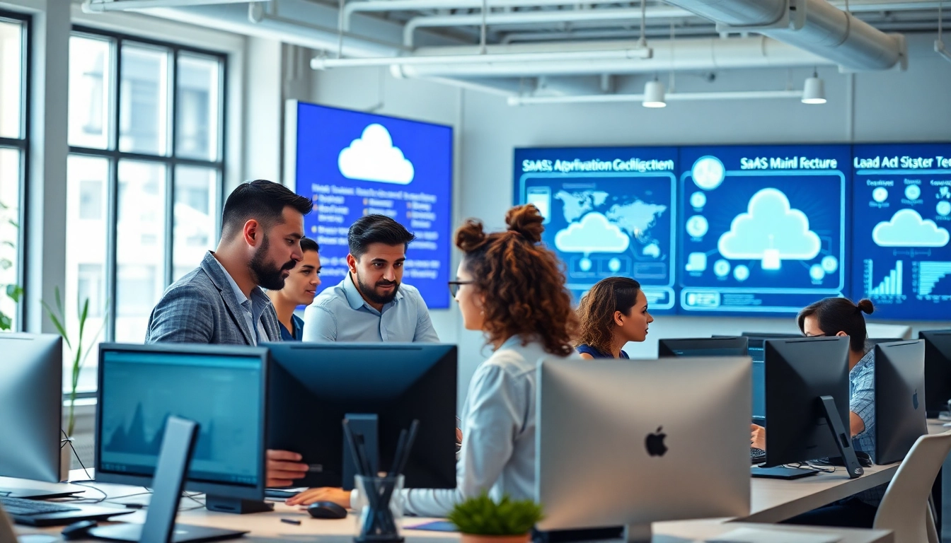 SaaS development team collaborating in a bright office space with digital tools.