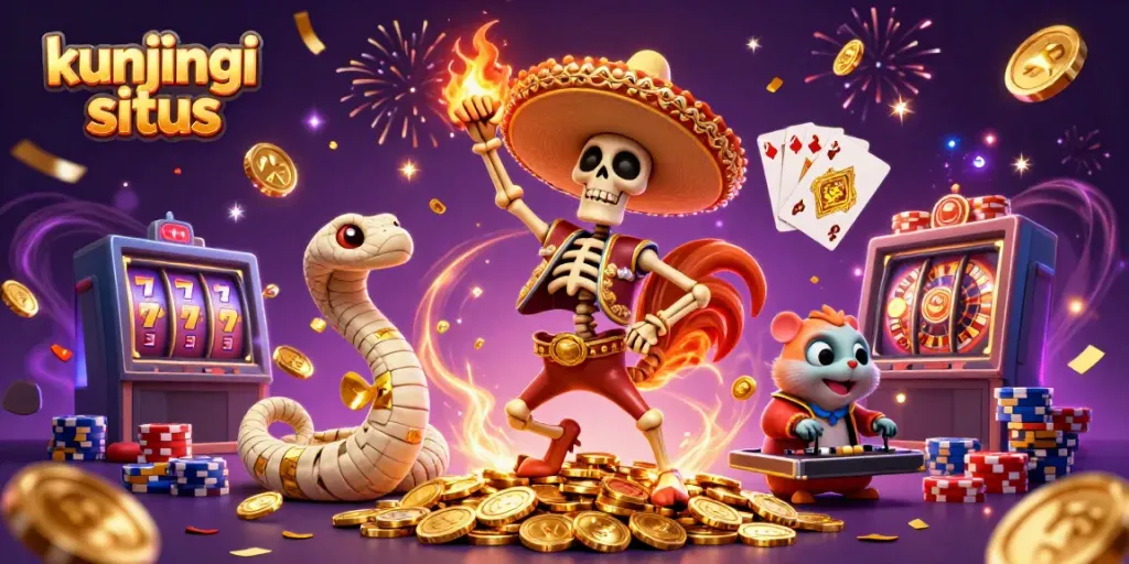 Ilustrasi 3D meriah yang menunjukkan karakter dan elemen kasino, kunjungi situs untuk merasakan pengalaman bermain slot.