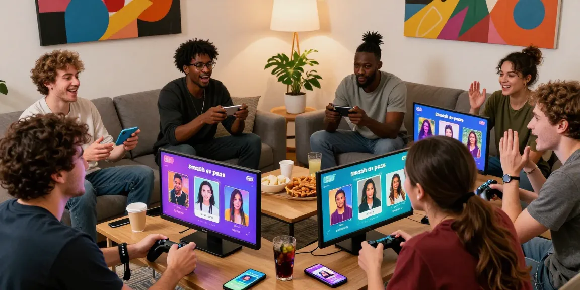 Engaged friends playing smash or pass game with AI-generated images in a cozy setting