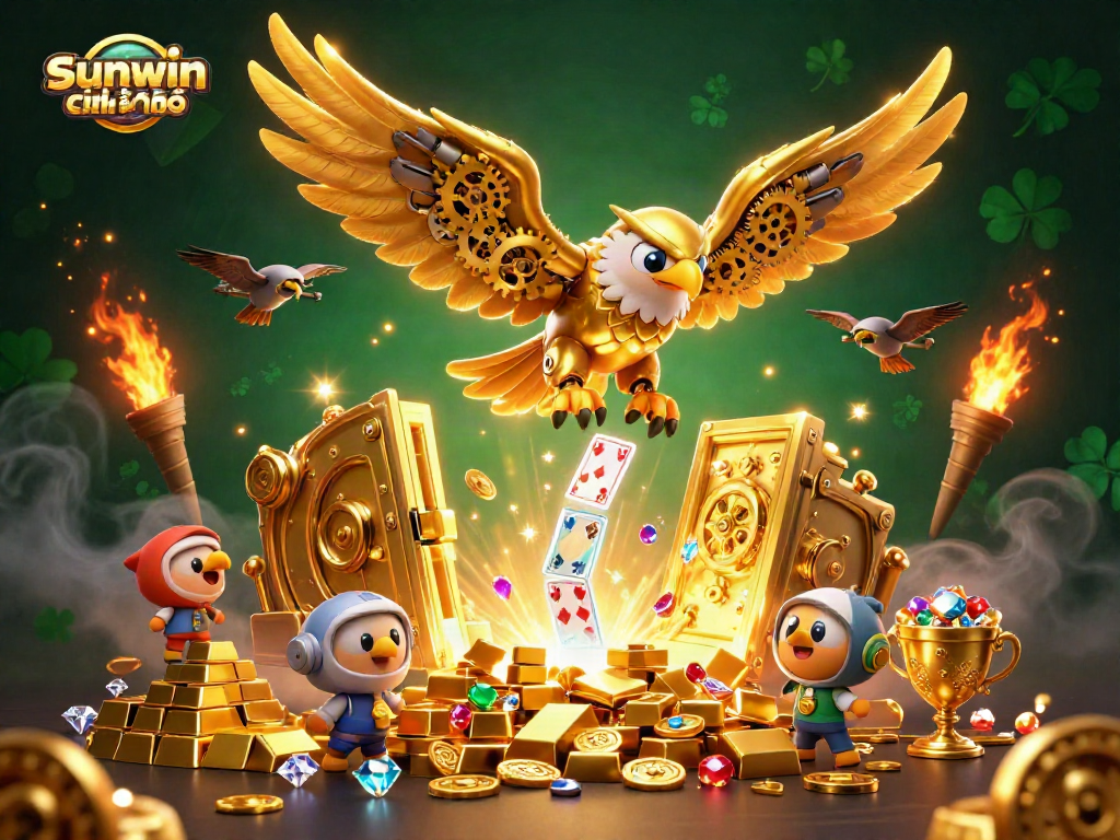 Experience thrilling gameplay with sunwin chính chủ in an ultra-detailed 3D illustration filled with treasure and excitement.
