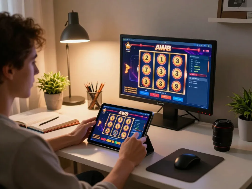 Player engaging with the AW8 casino app on a tablet, illustrating responsible online gaming.