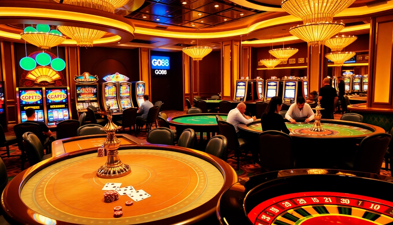 GO88 gaming experience featuring luxurious casino tables, vibrant slot machines, and engaging players.