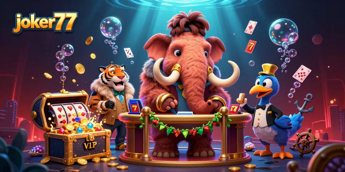 Engage with joker77 at this vibrant casino scene full of dynamic gaming elements and lively characters.