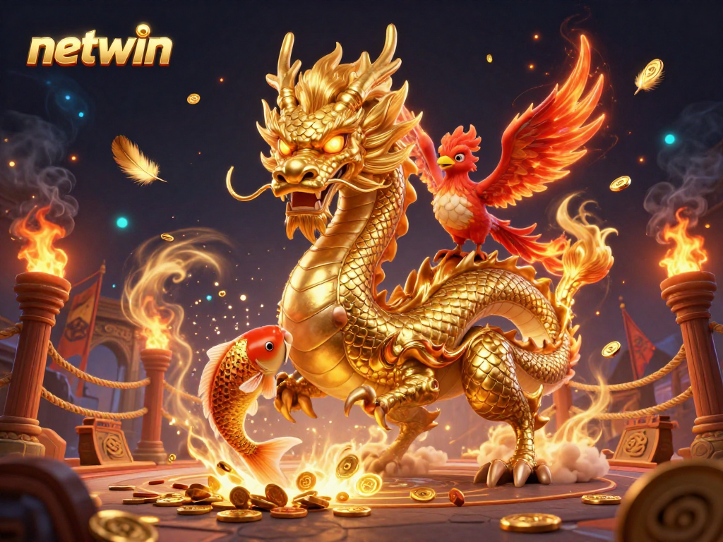 Experience excitement with netwin featuring a golden dragon, phoenix, and koi fish amidst a coin shower.