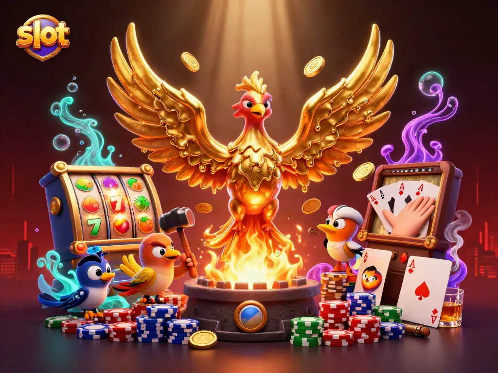 Menggulung slot dengan simbol buah dan jackpot berkilau dikelilingi oleh phoenix emas dan asisten burung pipit.