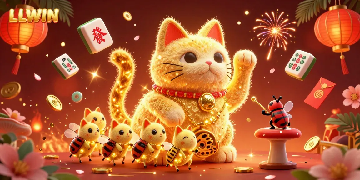 Experience thrilling wins with LLWIN's animated lucky cat and vibrant casino symbols in this 3D illustration.