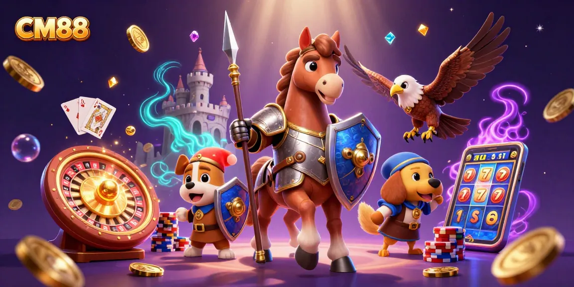 Join the adventure at CM88 with knights and gaming treasures in this vibrant casino scene.
