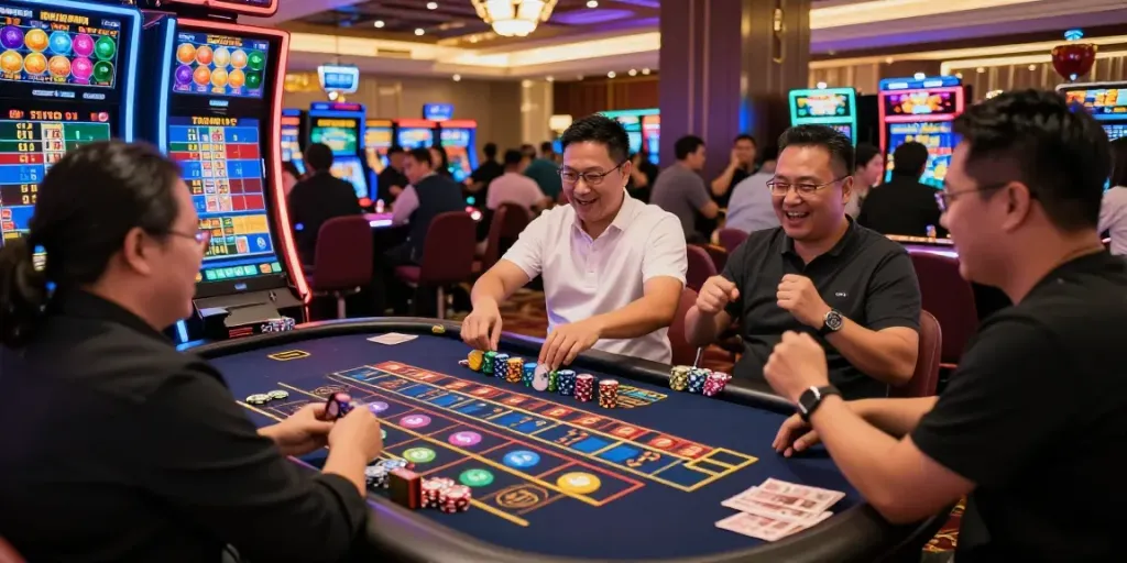 Kesenangan permainan togel dengan pemain yang merayakan kemenangan di kasino.