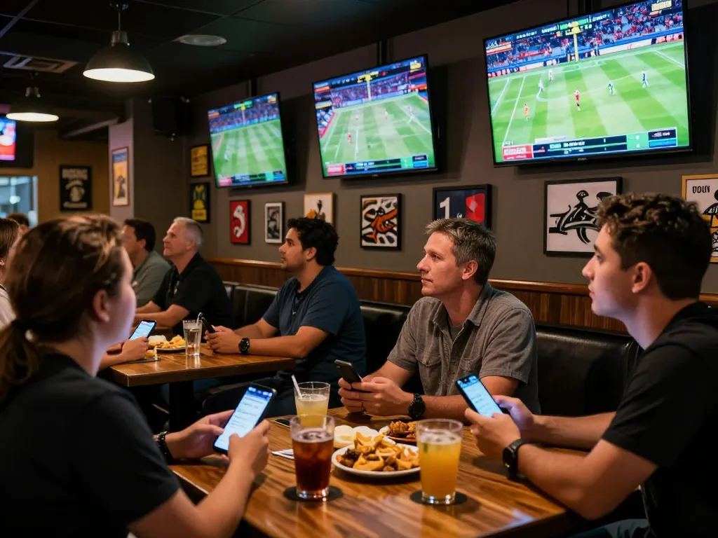 Engaged sports bettors using mobile apps for toto betting while enjoying the game.