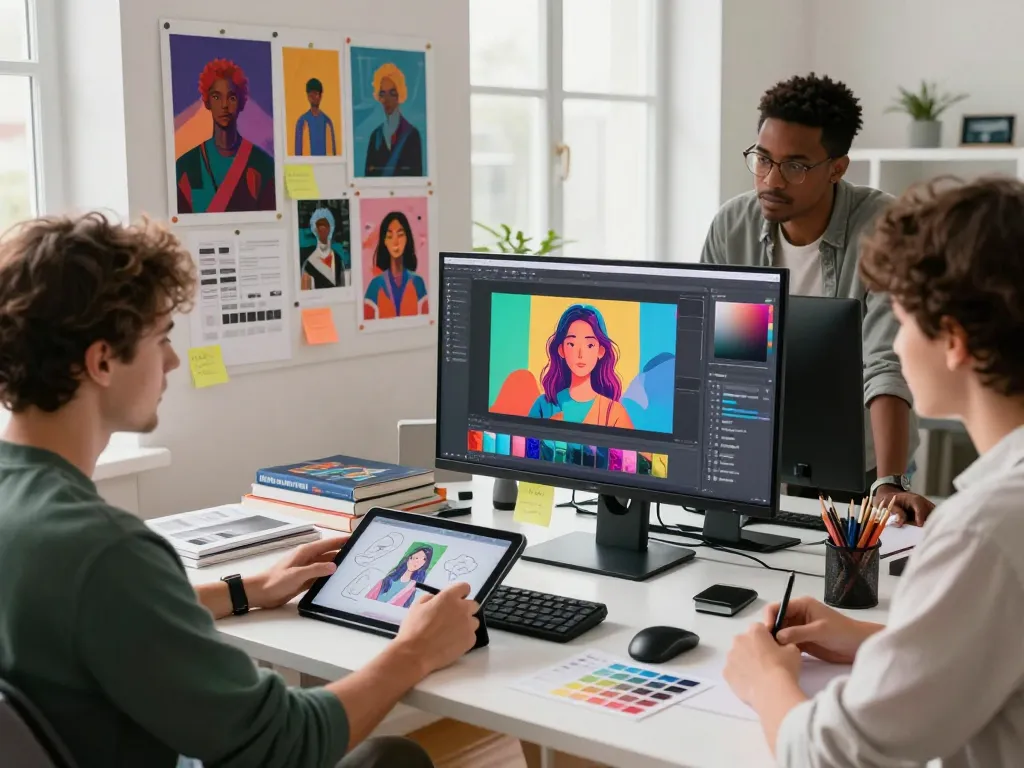 Creative collaboration scene using nano banana 2 for AI image editing in a modern design studio.