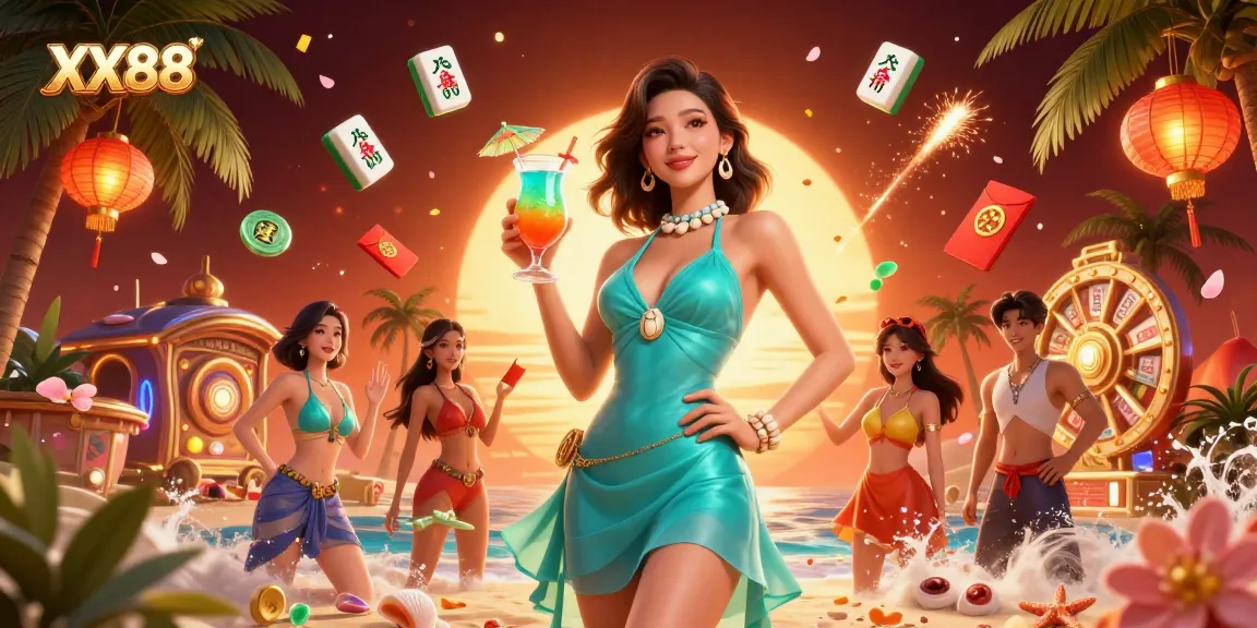 Experience thrilling gameplay at XX88 with a glamorous twist in a vibrant casino beach setting.