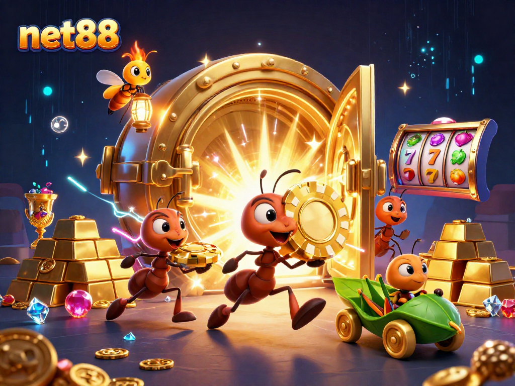 Experience an epic heist in net88 as ants carry a giant poker chip through a vibrant casino tunnel.