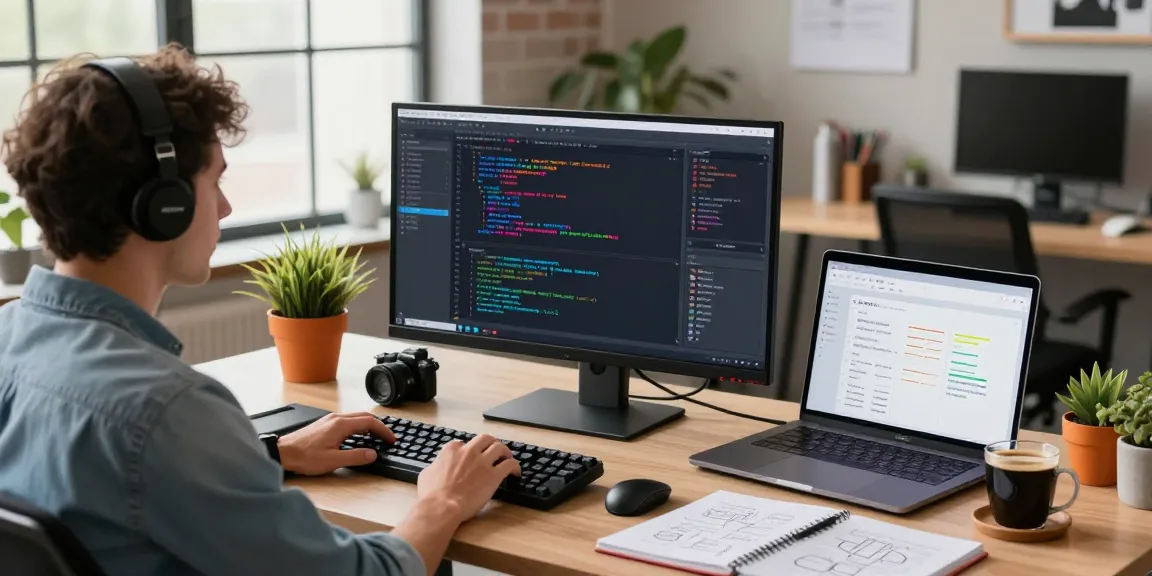 Kobold AI showcased in a tech-savvy workspace, featuring a developer coding on dual monitors with vibrant syntax highlighting and a modern office setting.