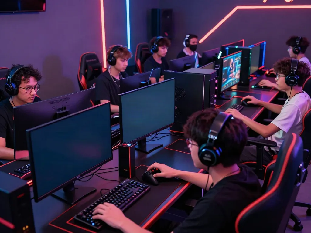 Gamer bersenang-senang di platform nyonya4d dengan perangkat gaming modern dan suasana ceria.