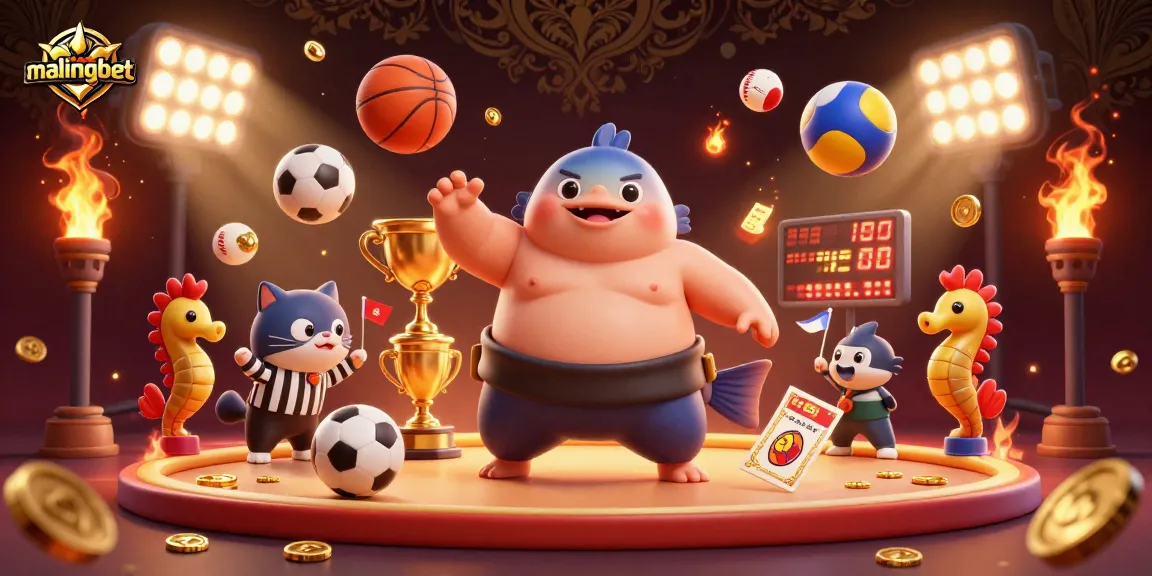 Malingbet menghadirkan ilustrasi kasino 3D penuh warna dengan fugu sumo dan elemen perjudian yang dinamis.