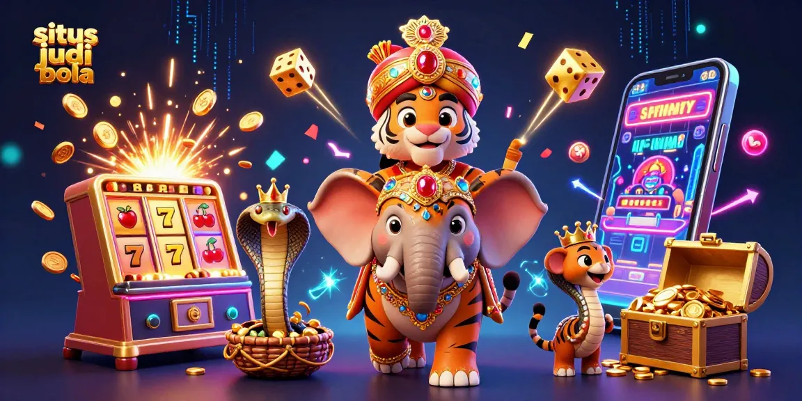 Vibrant scene showcasing situs judi bola with a maharaja tiger, elephant, and dynamic casino elements.