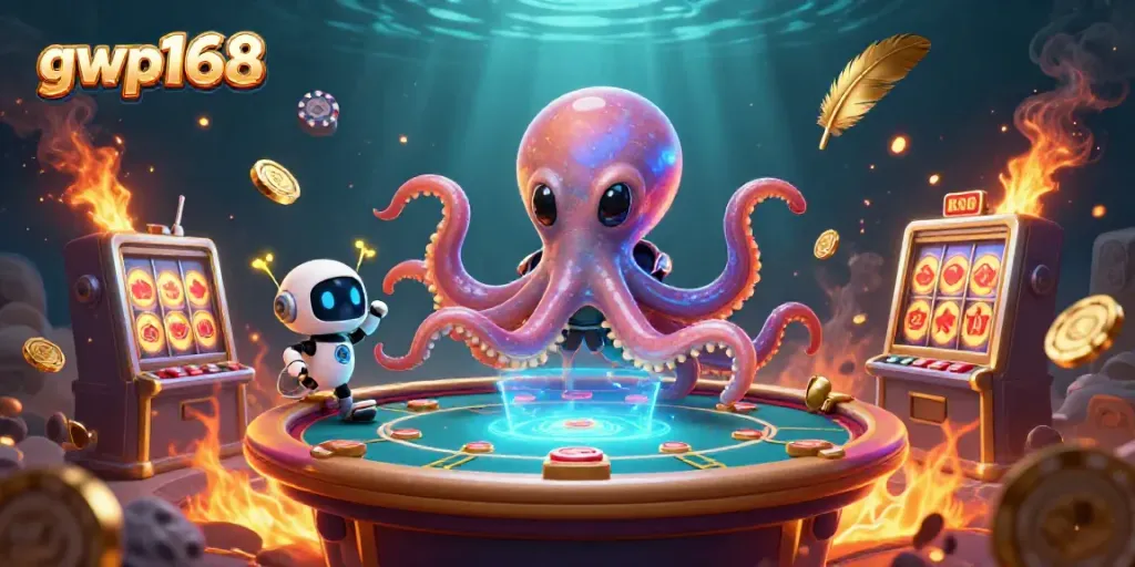 Permainan dinamis gwp168 dengan karakter alien dan robot, simbol slot, dan koin emas bertebaran.