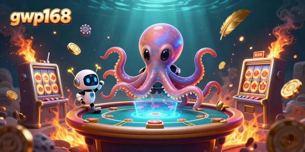 Permainan dinamis gwp168 dengan karakter alien dan robot, simbol slot, dan koin emas bertebaran.