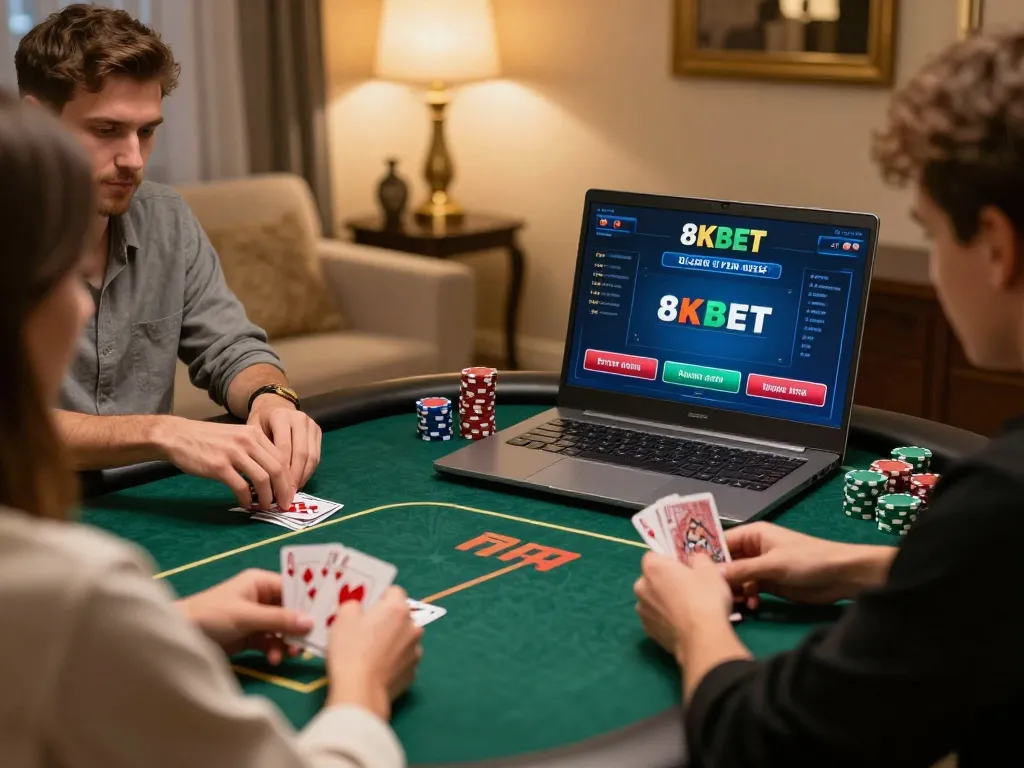 Players engaged in strategic gameplay at 8KBET's online poker table, showcasing immersive gaming atmosphere.