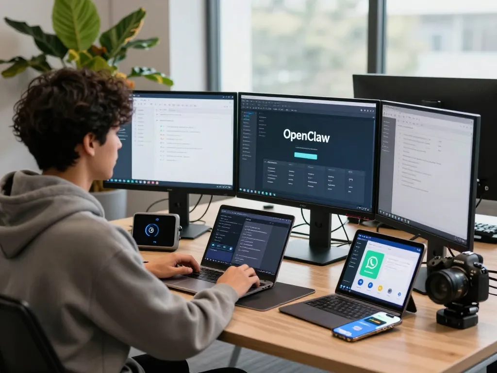 Engaging workspace showcasing OpenClaw AI on touchscreen, vibrant atmosphere.