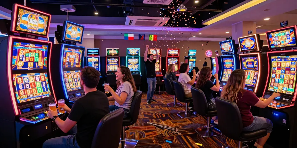Exciting casino scene with players celebrating wins at colorful slot machines.