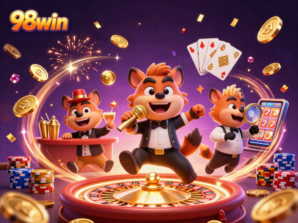 Join the fun at 98win with a lively casino scene featuring hilarious hyenas and vibrant gaming elements.