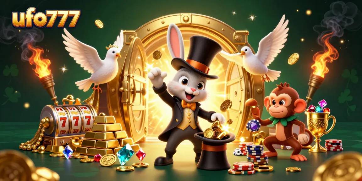 Experience excitement with ufo777 as a magician pulls coins in a vibrant casino scene.