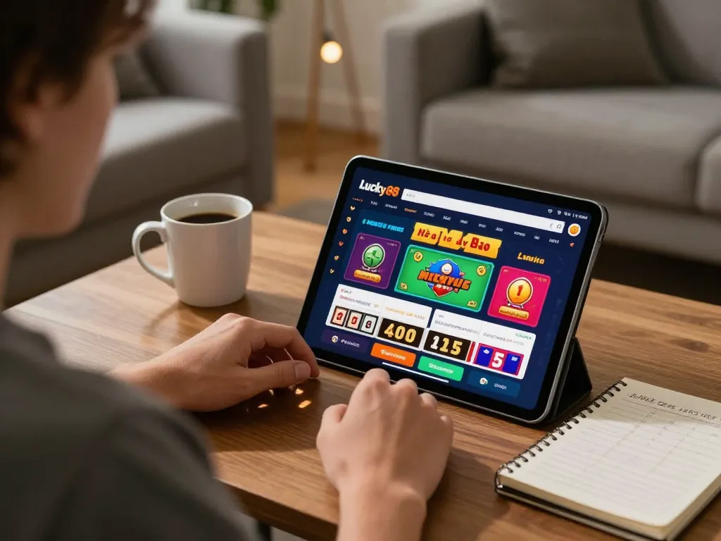 Playing Lucky88 online casino game on tablet in cozy home setting with warm lighting.