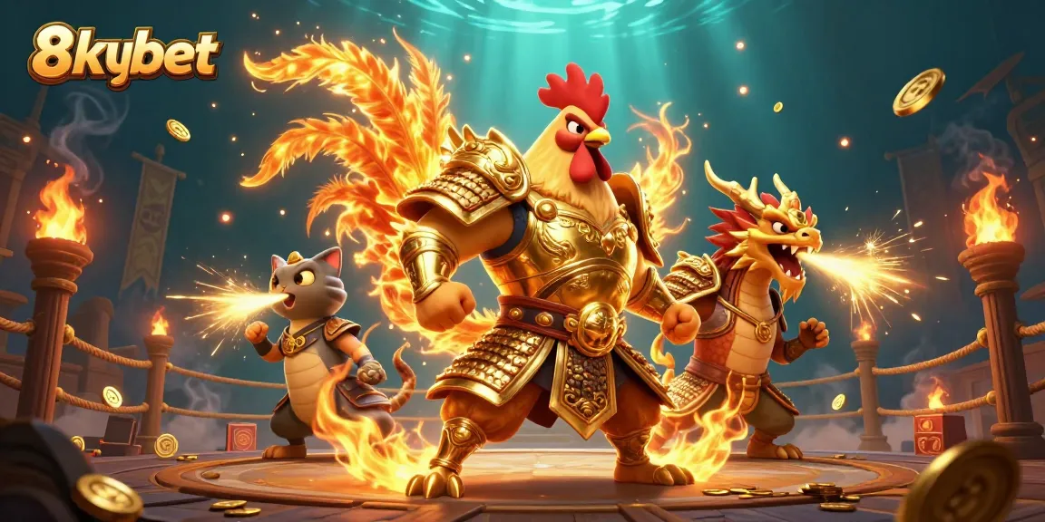 Experience thrilling gameplay at 8xbet with a fierce fighting rooster warrior and dragon hatchling!