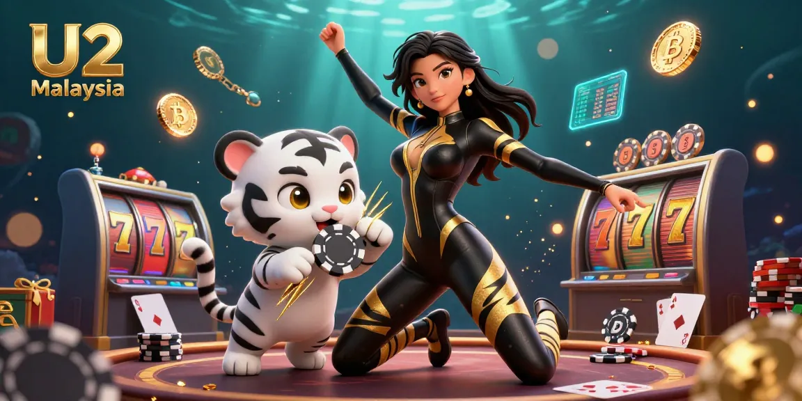 Engage in thrilling slot games at U2 Malaysia with our vibrant 3D casino illustration combining dynamic characters and crypto elements.