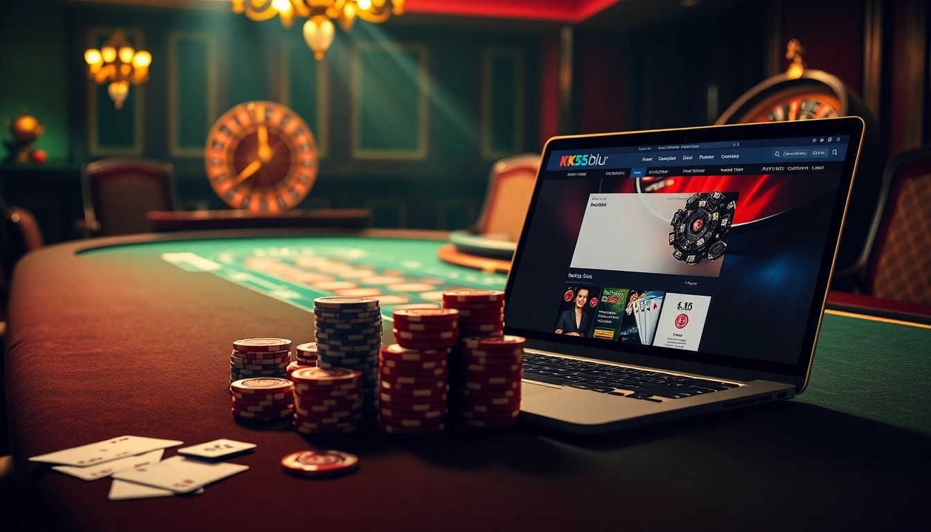 Experience thrilling poker gameplay at KK55.blue with vibrant chips, cards, and luxury ambiance.