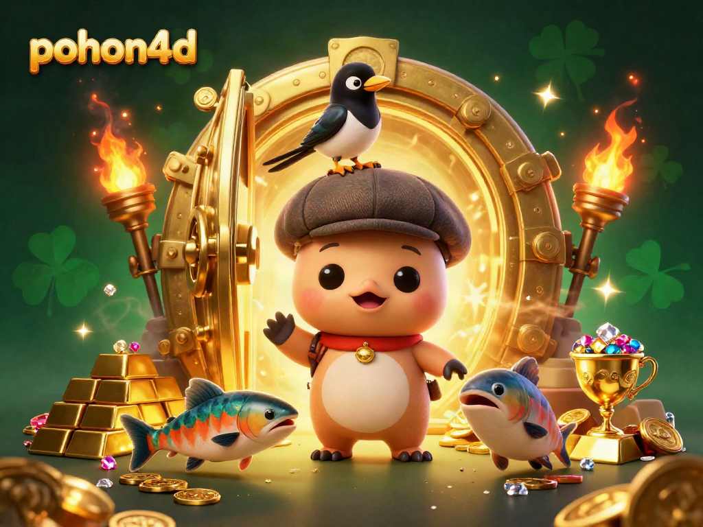 Pohon4d features a vibrant and playful scene with Nessie and friends around golden treasures.