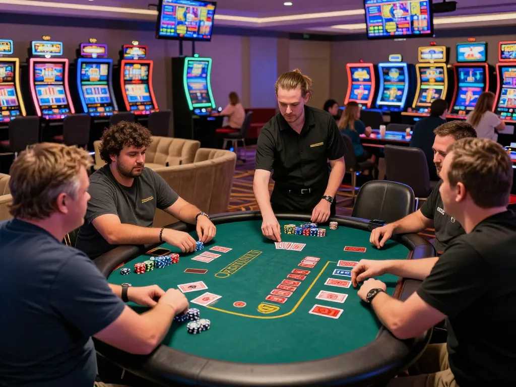 Alev Casino live gaming scene with players at a blackjack table and vibrant slot machines in a modern casino atmosphere.