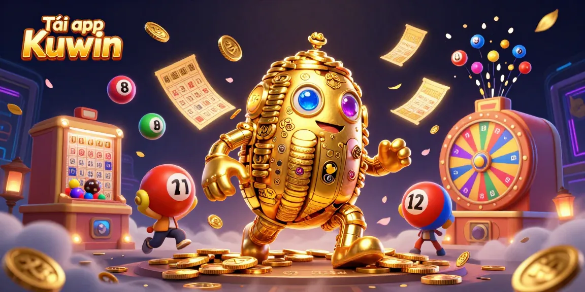 Engage in exciting gambling with Tải app Kuwin, featuring a dynamic 3D illustration of captivating casino elements.