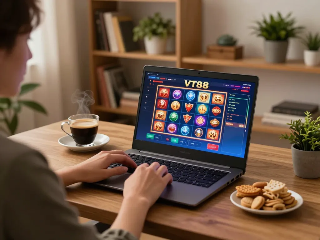 Person engaging in online gambling on VT88 with slots interface on laptop, creating a cozy gaming atmosphere.