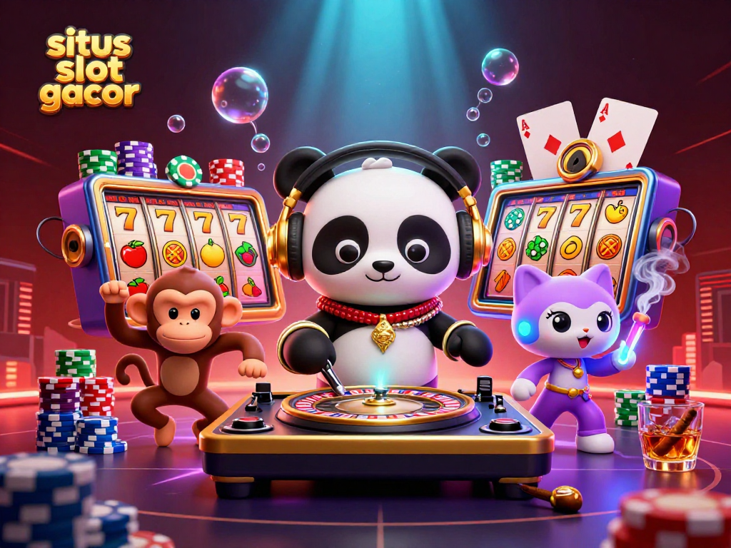Sites slot gacor illustration featuring a DJ panda and lively casino elements, showcasing slots and poker.