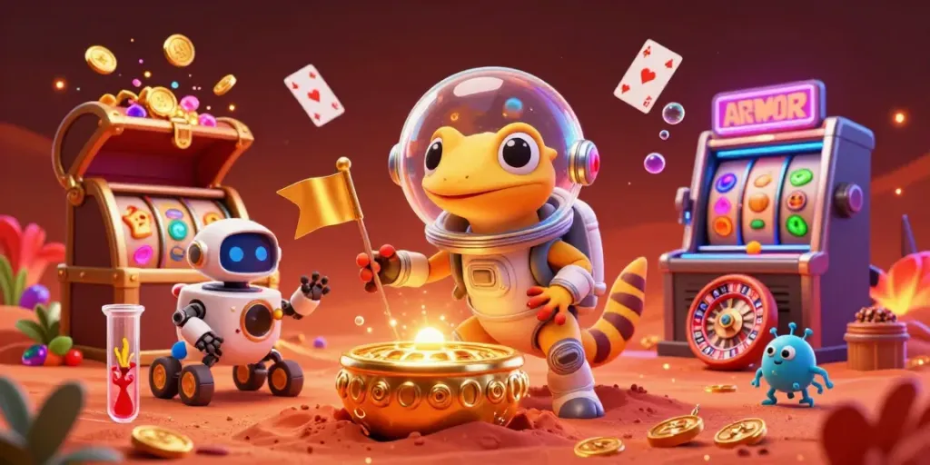Laskar togel Martian gecko discovering a golden casino in vibrant, colorful 3D.