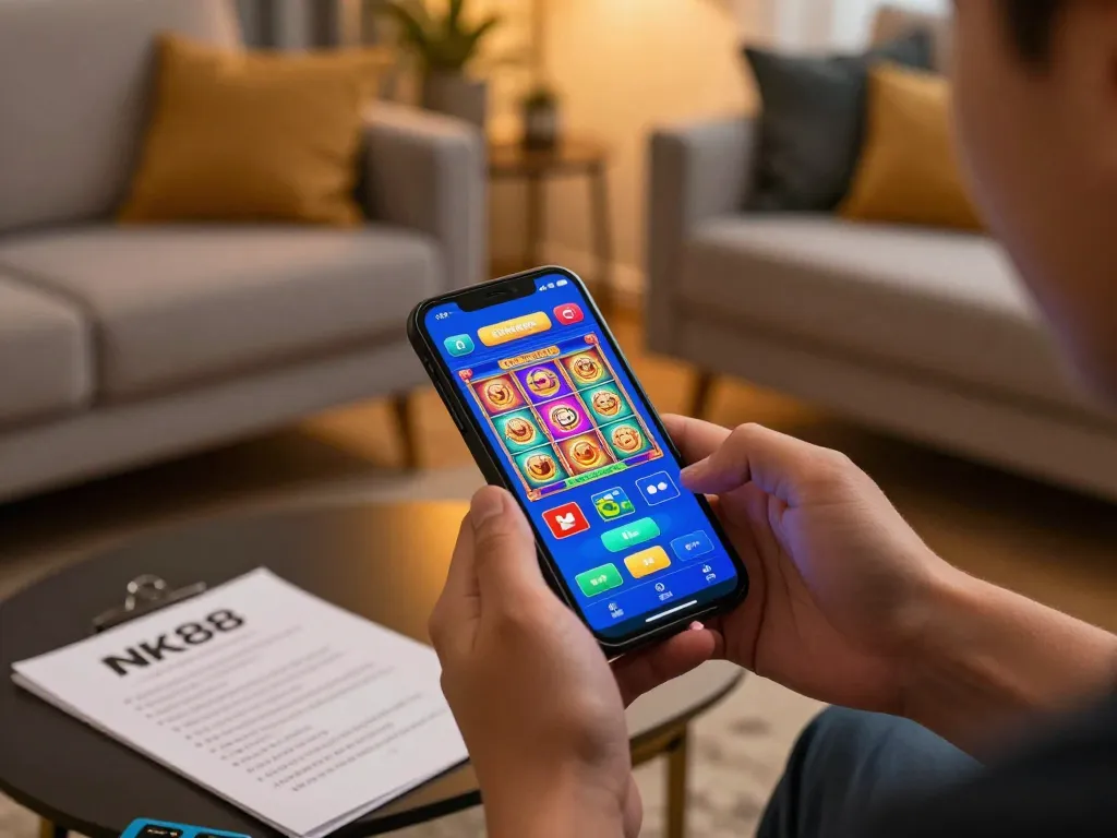 nk88 win smartphone gaming with vibrant slot game displayed in cozy home setting