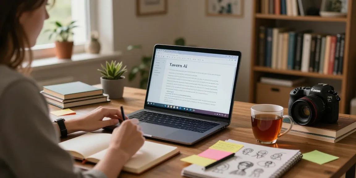 Immersive home workspace showcasing Tavern AI character creation with a glowing laptop, creative notes, and inviting atmosphere.