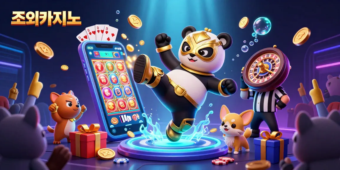 Engaging gaming scene at 조이카지노 with a panda wrestler and animated casino elements.