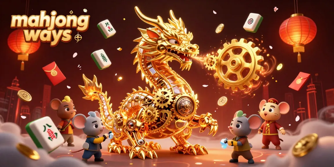 Permainan mahjong ways ditampilkan dalam ilustrasi 3D dengan naga emas dan elemen keberuntungan.